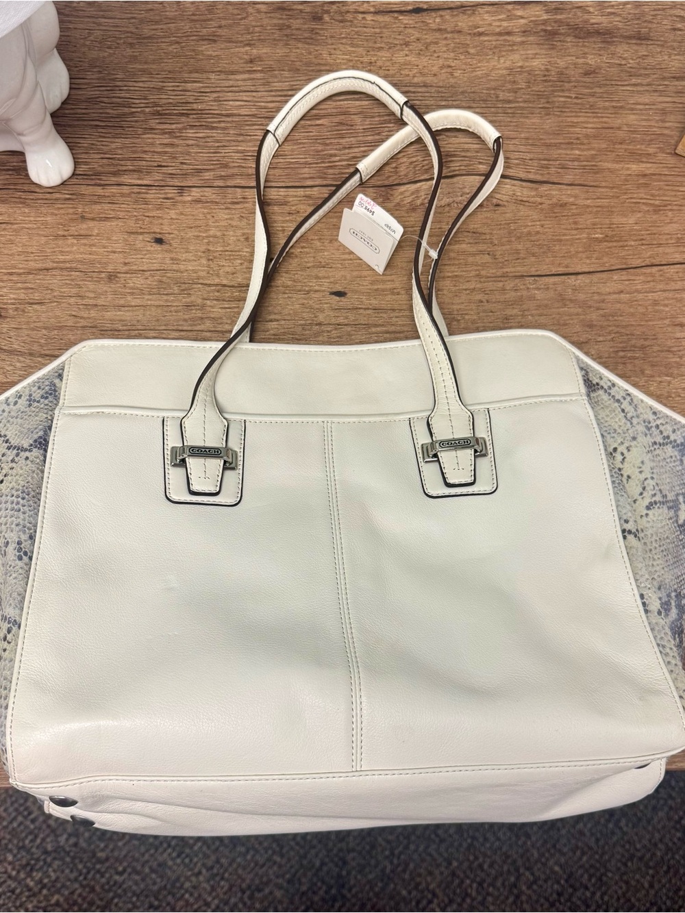 Coach White Leather Shoulder Tote with Snake-Print Sides
